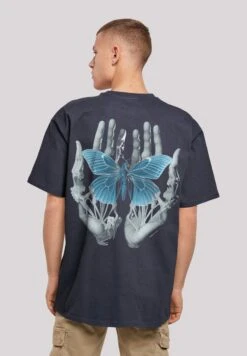 F4NT4STIC Skelett Hände Schmetterling - T-Shirt Print - Navy
